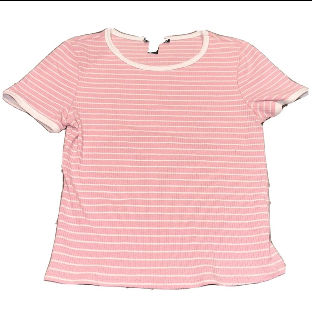 Forever 21 White Pink Striped T-Shirt Ribbed Fitted Short Sleeve Womens Top